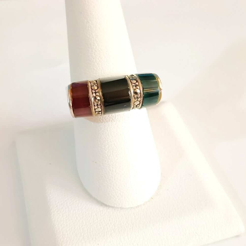 925 Multi Color Domed Ring 8.75" Men's Sterling Silver Inlaid Marcasite Jewelry